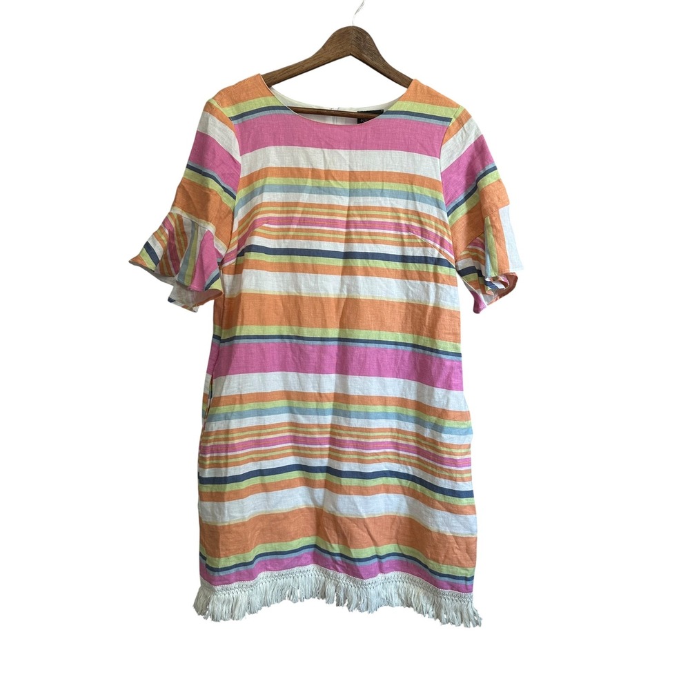 Beige by‎ ECI Women's Striped Linen Blend Dress Fringe Hem Ruffle Sleeve Size 6